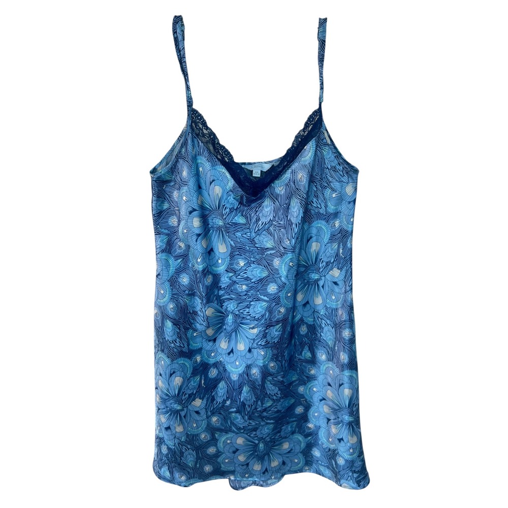 Jessica Blue Peacock Floral Satin Lace Trim Nightgown Chemise Y2K Size M 10-12